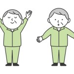 A senior man wearing long-sleeved training clothes is doing gymnastics and taking deep breaths. A simple and cute cartoon-style senior illustration.