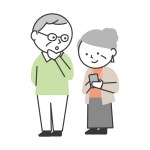 Senior couple doing research on smartphone. A simple and cute cartoon-style senior illustration.