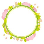 Circular frame of spring cityscape with cherry blossoms. Bright and cute flat style illustration.