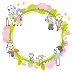 Circular frame of spring cityscape with cherry blossoms and people of various ages