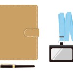 Business notebook, ID card case, and fountain pen. Simple illustration in flat design.
