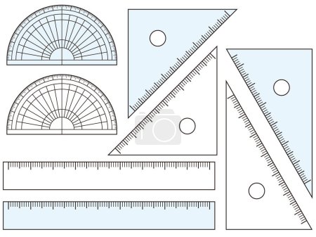 Winkel- und Dreieckslineal-Set. transparentes und hellblaues Lineal. Einfache Illustration im flachen Design.