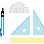 Set of compass, protractor and triangular ruler