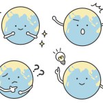 Earth characters with expressions of trouble and solution, and expressions of surprise and sparkle. Simple and cute illustrations for children