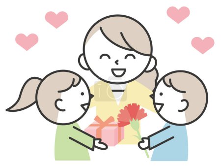 Ilustración de Madre recibiendo regalos de los niños en el Día de la Madre. Ilustración de carácter simple y lindo. - Imagen libre de derechos