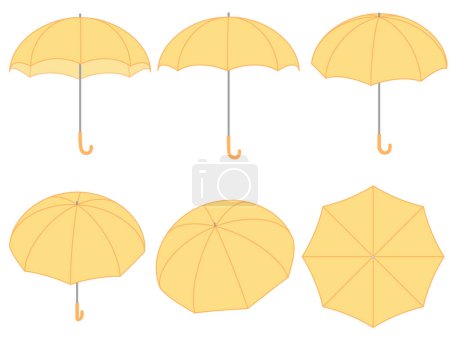 Illustration material set of a yellow umbrella seen from various angles such as sideways, directly above, and diagonally
