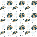 Seamless pattern of navy blue and gold umbrellas and rain clouds. Simple and calm background material inspired by the rainy season.