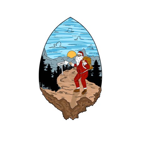 Illustration for Santa climbs the mountain . hiking mountain . vector illustration - Royalty Free Image