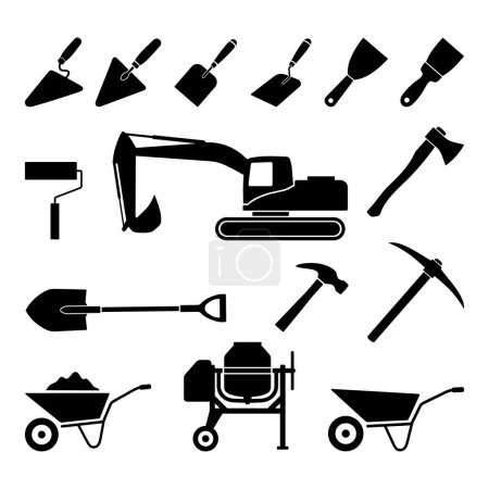Téléchargez les illustrations : Construction equipment icon set on white background - en licence libre de droit