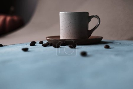 Photo for Cup of turkish coffee, traditional hot beverage drink, beans, blue wooden background, fortune telling reading - Royalty Free Image