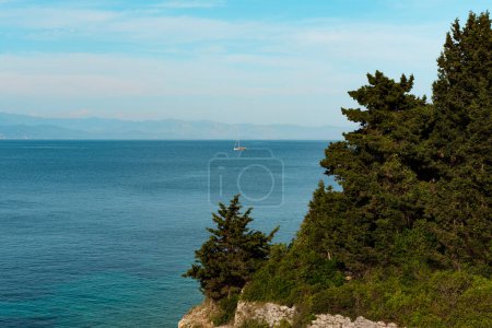 sailing boat far on horizon line of amazing seascape natural landscape 