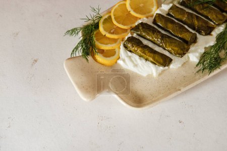 stuffed vine leaves  called dolmades or dolma, sarma of turkish and greek traditional kitchen, served on white porcelen plate with youghurt, lemon and greens