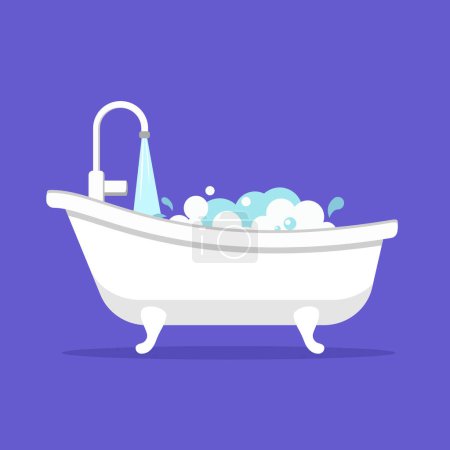 Photo for Bathtub with open water faucet and foam - Royalty Free Image