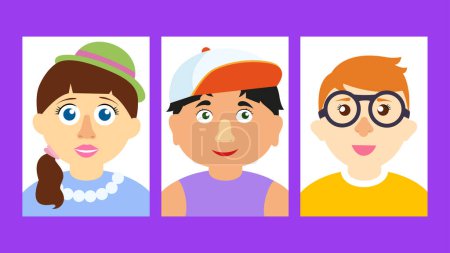 Téléchargez les photos : A girl in a hat and beads, a guy in a cap, a boy with glasses - en image libre de droit