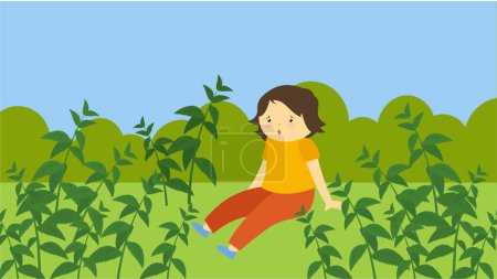 Photo for Girl sitting on the grass near the nettle bushes - Royalty Free Image