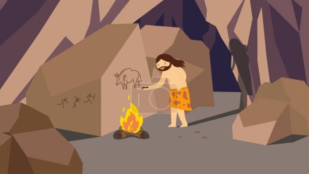 Téléchargez les illustrations : Primitive man in a cave near the fire - en licence libre de droit
