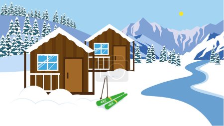 Ilustración de Winter landscape with houses and snow-covered mountains - Imagen libre de derechos