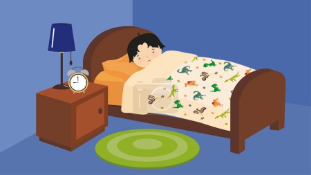 Illustration for The child sleeps on a bed under a blanket. Next to the alarm clock - Royalty Free Image