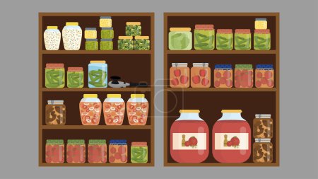 Téléchargez les illustrations : Shelf with canned food, illustration, vector, cartoon - en licence libre de droit