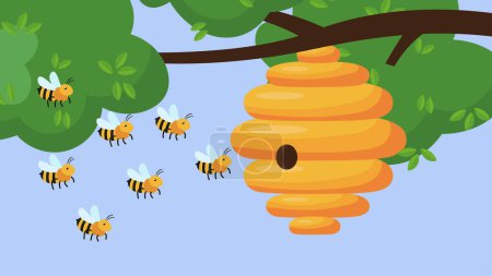 Téléchargez les illustrations : Honeycomb with bees on tree in forest - en licence libre de droit