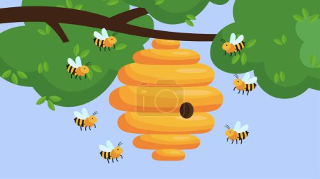 Téléchargez les illustrations : Honey bee and bees on a yellow background. vector illustration. - en licence libre de droit