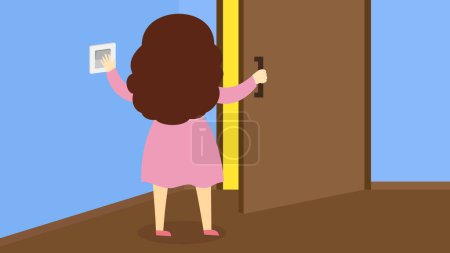 Illustration for Vector illustration of girl turns off the light in the room - Royalty Free Image