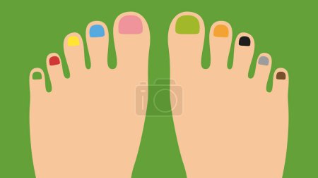 Ilustración de Female feet with colorful nail polish on green background - Imagen libre de derechos