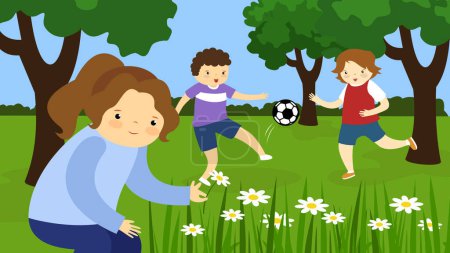 Photo for Girl near flowers and boys playing football - Royalty Free Image