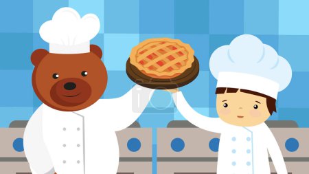 A bear and a boy dressed as chefs are holding a cooked pie