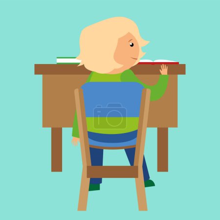 Téléchargez les illustrations : Woman sitting on a chair with table and books - en licence libre de droit