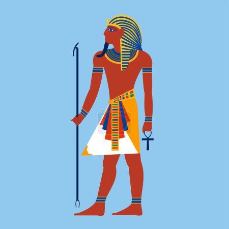 Téléchargez les illustrations : Vector illustration of egypt pharaoh with sword on blue background - en licence libre de droit