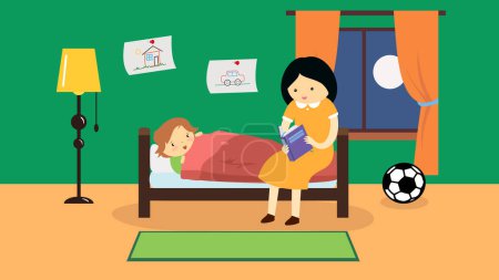 Téléchargez les illustrations : Mother reads bedtime story to son - en licence libre de droit