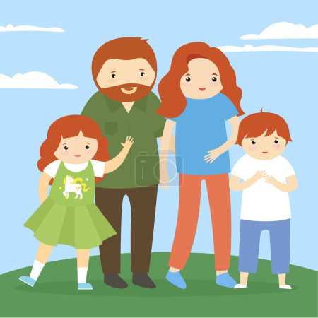 Ilustración de Padres felices con hija e hijo en el diseño de ilustración de vectores del parque - Imagen libre de derechos