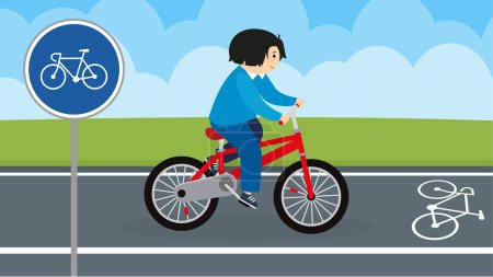 Illustration for Young boy riding on bicycle on road - Royalty Free Image