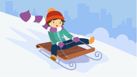 Téléchargez les illustrations : Le petit garçon monte sur un traîneau en hiver. Illustration vectorielle. - en licence libre de droit