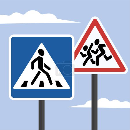 Téléchargez les illustrations : Illustration vectorielle d'un panneau d'avertissement routier d'un passage à niveau piétonnier dans le ciel - en licence libre de droit