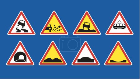 Ilustración de Señales de carretera de advertencia colocadas aisladas sobre fondo azul. Ilustración vectorial. - Imagen libre de derechos