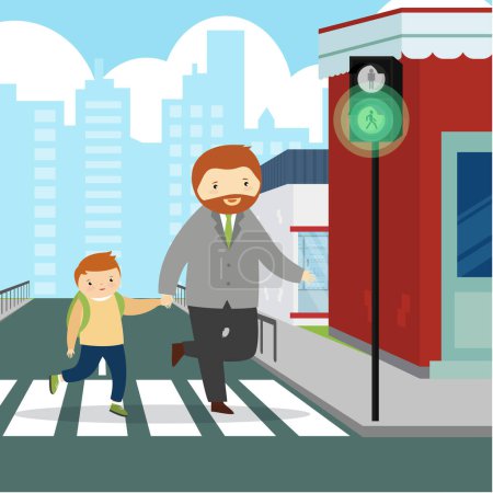 Illustration for Dad and son crossing the road at a pedestrian crossing on a green light - Royalty Free Image