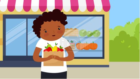 Téléchargez les illustrations : Illustration d'un petit garçon afro-américain tenant une boîte de fruits - en licence libre de droit