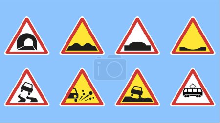 Ilustración de Conjunto 2 de señales de carretera de advertencia sobre fondo azul. Ilustración vectorial. - Imagen libre de derechos