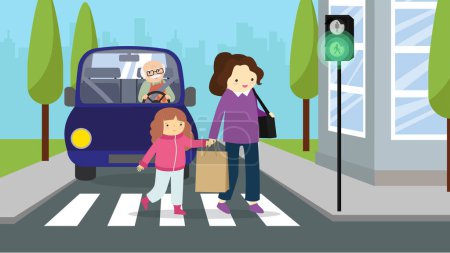Illustration for Mom and daughter cross the road at a pedestrian crossing on a green light - Royalty Free Image