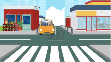 Illustration for Car at a crossroads in the city and a pedestrian crossing - Royalty Free Image