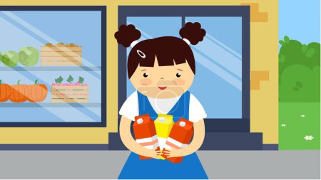Illustration for Girl holding milk boxes in front of the shop. Vector illustration. - Royalty Free Image