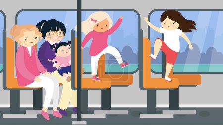 Illustration for Children dancing on the seats in transport - Royalty Free Image