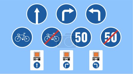Illustration for Set of Mandatory road signs. Vector illustration. Traffic signs on blue background. - Royalty Free Image