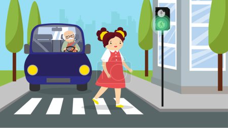 Téléchargez les illustrations : Jolie petite fille traversant la route. Illustration vectorielle en style plat - en licence libre de droit