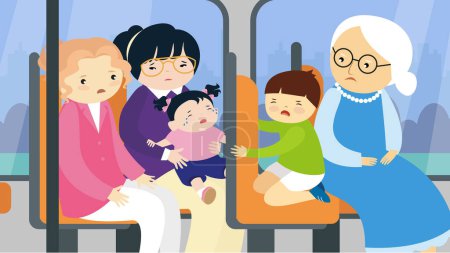 Ilustración de Niños pequeños lloran en transporte cerca de adultos - Imagen libre de derechos
