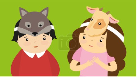 Ilustración de Linda chica y niño con máscaras de animales. Ilustración vectorial en estilo de dibujos animados - Imagen libre de derechos