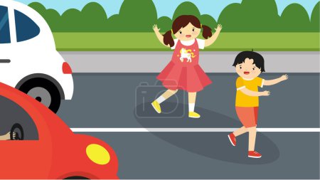 Ilustración de Niño y niña cruzando la calle en el lugar equivocado - Imagen libre de derechos