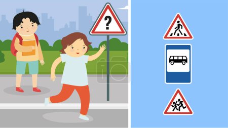 Téléchargez les illustrations : Illustration vectorielle des aboys traversant la route avec des panneaux de signalisation - en licence libre de droit